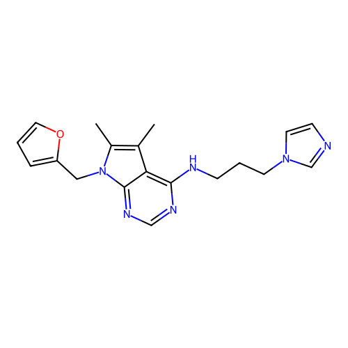 7-(furan-2-ylmethyl)-N-(3-imidazol-1-ylpropyl)-5,6-dimethylpyrrolo[2,3-d]pyrimidin-4-amine structure