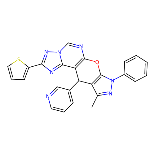 10-methyl-8-phenyl-11-(pyridin-3-yl)-2-(thiophen-2-yl)-8,11-dihydropyrazolo[4',3':5,6]pyrano[3,2-e][1,2,4]triazolo[1,5-c]pyrimidine structure