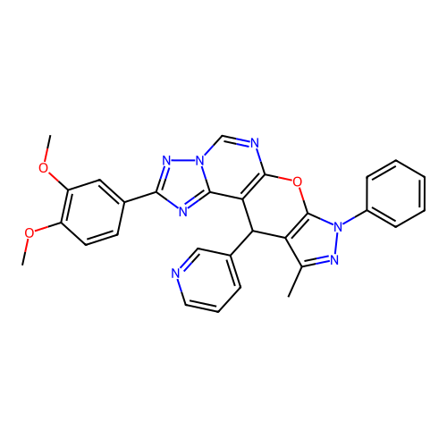 2-(3,4-dimethoxyphenyl)-10-methyl-8-phenyl-11-(pyridin-3-yl)-8,11-dihydropyrazolo[4',3':5,6]pyrano[3,2-e][1,2,4]triazolo[1,5-c]pyrimidine structure