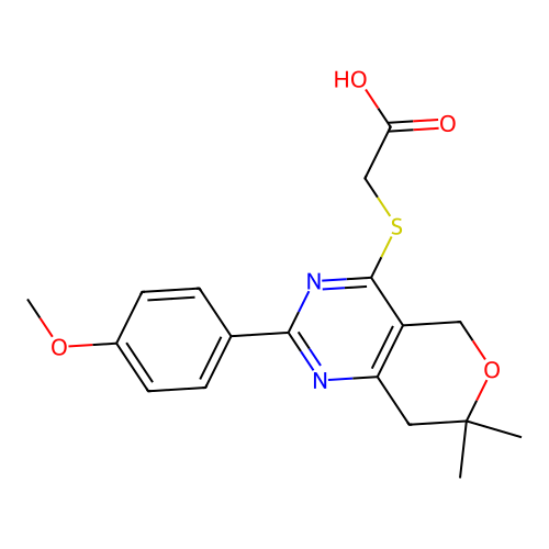 2-[[2-(4-methoxyphenyl)-7,7-dimethyl-5,8-dihydropyrano[4,3-d]pyrimidin-4-yl]sulfanyl]acetic acid structure