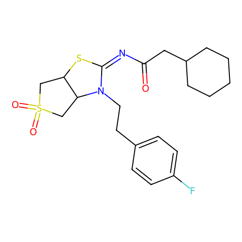 (Z)-2-cyclohexyl-N-(3-(4-fluorophenethyl)-5,5-dioxidotetrahydrothieno[3,4-d]thiazol-2(3H)-ylidene)acetamide structure