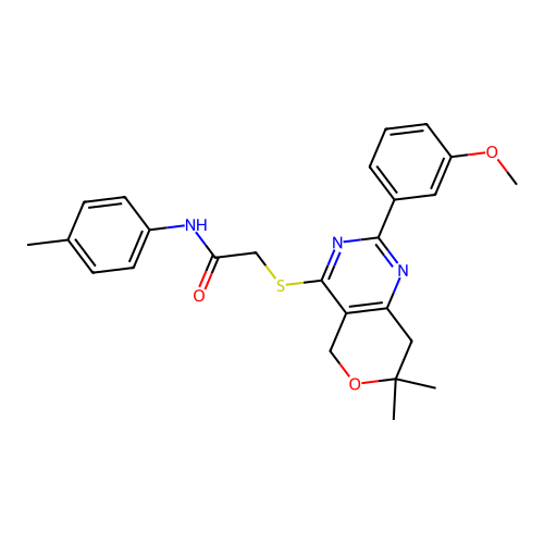 2-((2-(3-methoxyphenyl)-7,7-dimethyl-7,8-dihydro-5H-pyrano[4,3-d]pyrimidin-4-yl)thio)-N-(p-tolyl)acetamide structure