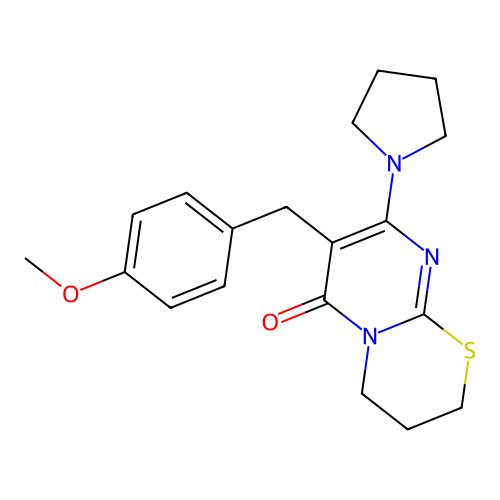 7-(4-methoxybenzyl)-8-(pyrrolidin-1-yl)-3,4-dihydro-2H,6H-pyrimido[2,1-b][1,3]thiazin-6-one structure