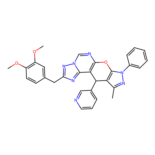 2-(3,4-dimethoxybenzyl)-10-methyl-8-phenyl-11-(pyridin-3-yl)-8,11-dihydropyrazolo[4',3':5,6]pyrano[3,2-e][1,2,4]triazolo[1,5-c]pyrimidine structure