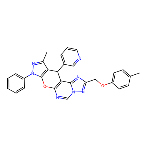 10-methyl-2-[(4-methylphenoxy)methyl]-8-phenyl-11-(pyridin-3-yl)-8,11-dihydropyrazolo[4',3':5,6]pyrano[3,2-e][1,2,4]triazolo[1,5-c]pyrimidine structure