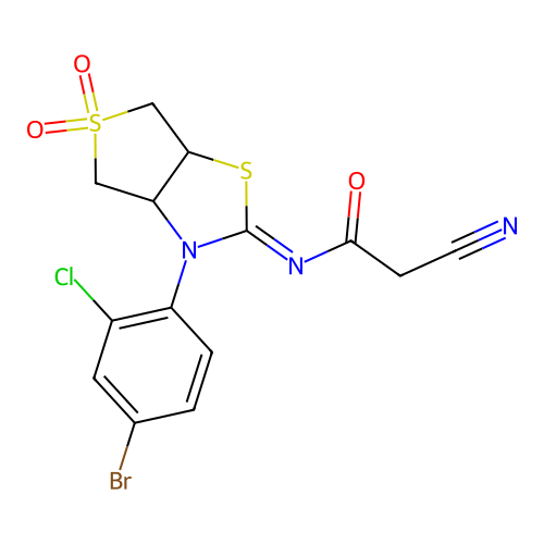 (Z)-N-(3-(4-bromo-2-chlorophenyl)-5,5-dioxidotetrahydrothieno[3,4-d]thiazol-2(3H)-ylidene)-2-cyanoacetamide structure