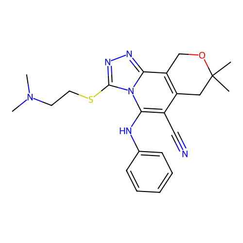3-{[2-(dimethylamino)ethyl]sulfanyl}-8,8-dimethyl-5-(phenylamino)-7,10-dihydro-8H-pyrano[3,4-c][1,2,4]triazolo[4,3-a]pyridine-6-carbonitrile structure