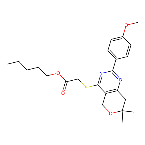 pentyl {[2-(4-methoxyphenyl)-7,7-dimethyl-7,8-dihydro-5H-pyrano[4,3-d]pyrimidin-4-yl]sulfanyl}acetate structure