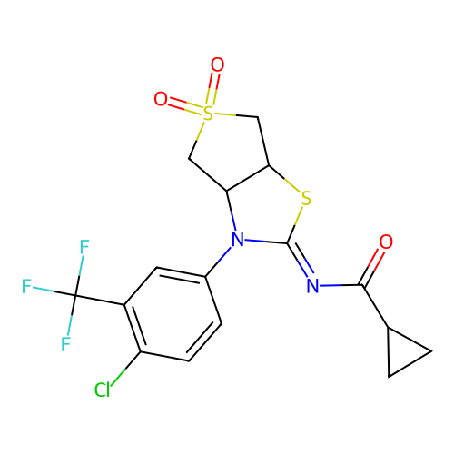 N-[(2Z)-3-[4-chloro-3-(trifluoromethyl)phenyl]-5,5-dioxidotetrahydrothieno[3,4-d][1,3]thiazol-2(3H)-ylidene]cyclopropanecarboxamide structure