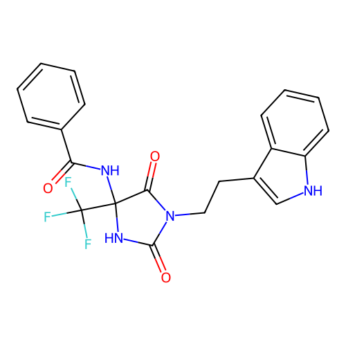 N-[1-[2-(1H-indol-3-yl)ethyl]-2,5-dioxo-4-(trifluoromethyl)imidazolidin-4-yl]benzamide structure