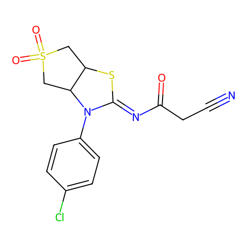 (Z)-N-(3-(4-chlorophenyl)-5,5-dioxidotetrahydrothieno[3,4-d]thiazol-2(3H)-ylidene)-2-cyanoacetamide structure