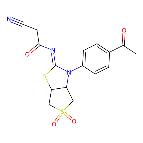 (Z)-N-(3-(4-acetylphenyl)-5,5-dioxidotetrahydrothieno[3,4-d]thiazol-2(3H)-ylidene)-2-cyanoacetamide structure