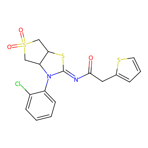 (Z)-N-(3-(2-chlorophenyl)-5,5-dioxidotetrahydrothieno[3,4-d]thiazol-2(3H)-ylidene)-2-(thiophen-2-yl)acetamide structure