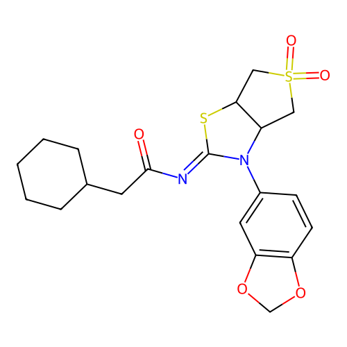 (Z)-N-(3-(benzo[d][1,3]dioxol-5-yl)-5,5-dioxidotetrahydrothieno[3,4-d]thiazol-2(3H)-ylidene)-2-cyclohexylacetamide structure