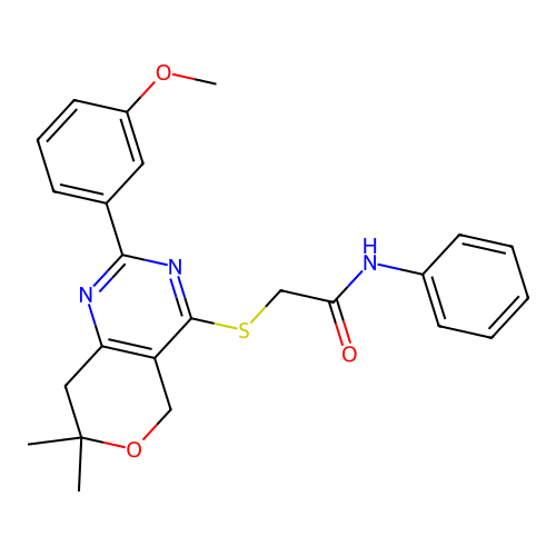 2-((2-(3-methoxyphenyl)-7,7-dimethyl-7,8-dihydro-5H-pyrano[4,3-d]pyrimidin-4-yl)thio)-N-phenylacetamide structure