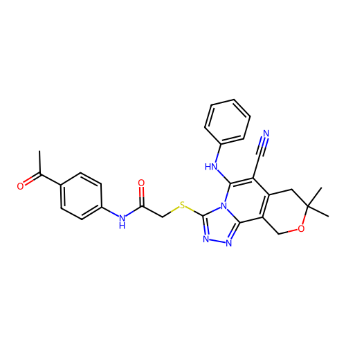 N-(4-acetylphenyl)-2-((6-cyano-8,8-dimethyl-5-(phenylamino)-8,10-dihydro-7H-pyrano[3,4-c][1,2,4]triazolo[4,3-a]pyridin-3-yl)thio)acetamide structure
