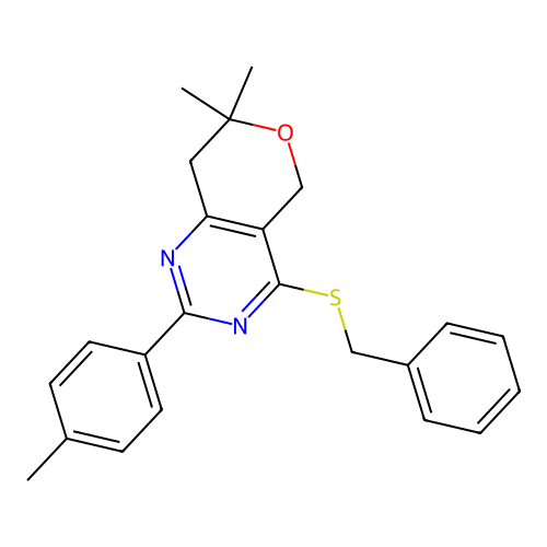 4-(benzylsulfanyl)-7,7-dimethyl-2-(4-methylphenyl)-7,8-dihydro-5H-pyrano[4,3-d]pyrimidine structure