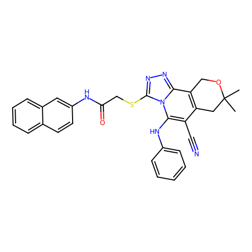2-((6-cyano-8,8-dimethyl-5-(phenylamino)-8,10-dihydro-7H-pyrano[3,4-c][1,2,4]triazolo[4,3-a]pyridin-3-yl)thio)-N-(naphthalen-2-yl)acetamide structure