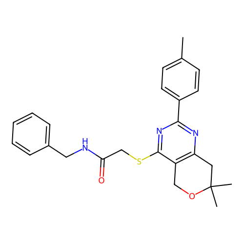 N-benzyl-2-((7,7-dimethyl-2-(p-tolyl)-7,8-dihydro-5H-pyrano[4,3-d]pyrimidin-4-yl)thio)acetamide structure