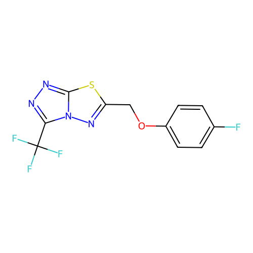 6-[(4-fluorophenoxy)methyl]-3-(trifluoromethyl)[1,2,4]triazolo[3,4-b][1,3,4]thiadiazole structure