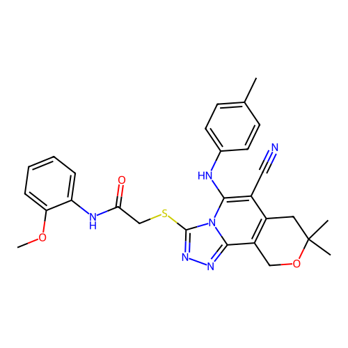 2-((6-cyano-8,8-dimethyl-5-(p-tolylamino)-8,10-dihydro-7H-pyrano[3,4-c][1,2,4]triazolo[4,3-a]pyridin-3-yl)thio)-N-(2-methoxyphenyl)acetamide structure
