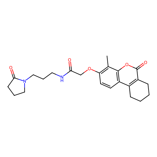 2-((4-methyl-6-oxo-7,8,9,10-tetrahydro-6H-benzo[c]chromen-3-yl)oxy)-N-(3-(2-oxopyrrolidin-1-yl)propyl)acetamide structure