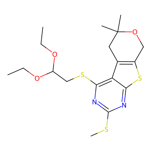 4-((2,2-diethoxyethyl)thio)-6,6-dimethyl-2-(methylthio)-6,8-dihydro-5H-pyrano[4',3':4,5]thieno[2,3-d]pyrimidine structure