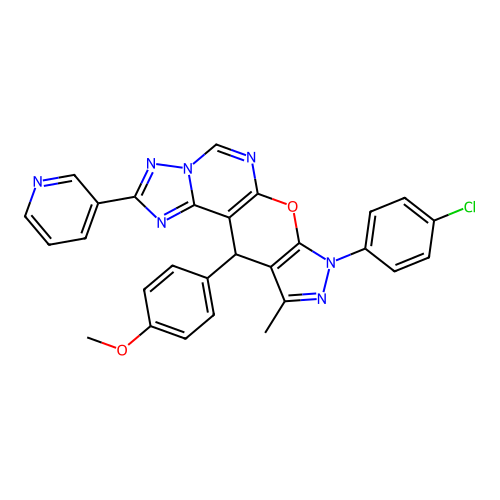 8-(4-chlorophenyl)-11-(4-methoxyphenyl)-10-methyl-2-(pyridin-3-yl)-8,11-dihydropyrazolo[4',3':5,6]pyrano[3,2-e][1,2,4]triazolo[1,5-c]pyrimidine structure