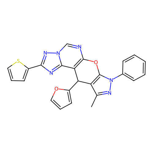11-(furan-2-yl)-10-methyl-8-phenyl-2-(thiophen-2-yl)-8,11-dihydropyrazolo[4',3':5,6]pyrano[3,2-e][1,2,4]triazolo[1,5-c]pyrimidine structure