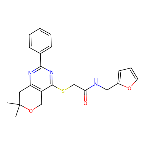 2-((7,7-dimethyl-2-phenyl-7,8-dihydro-5H-pyrano[4,3-d]pyrimidin-4-yl)thio)-N-(furan-2-ylmethyl)acetamide structure