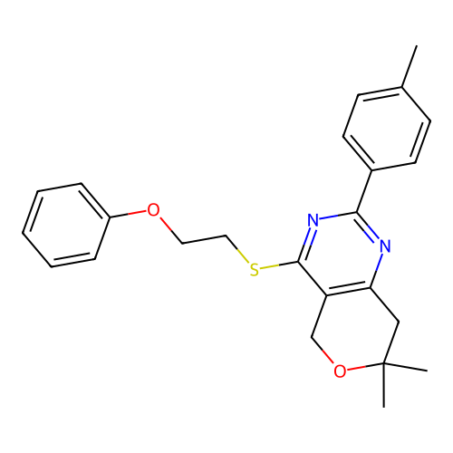 7,7-dimethyl-4-((2-phenoxyethyl)thio)-2-(p-tolyl)-7,8-dihydro-5H-pyrano[4,3-d]pyrimidine structure