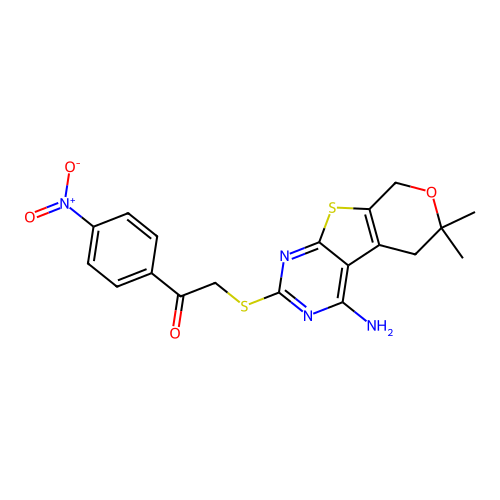 2-((4-amino-6,6-dimethyl-6,8-dihydro-5H-pyrano[4',3':4,5]thieno[2,3-d]pyrimidin-2-yl)thio)-1-(4-nitrophenyl)ethanone structure