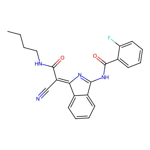 (Z)-N-(1-(2-(butylamino)-1-cyano-2-oxoethylidene)-1H-isoindol-3-yl)-2-fluorobenzamide structure