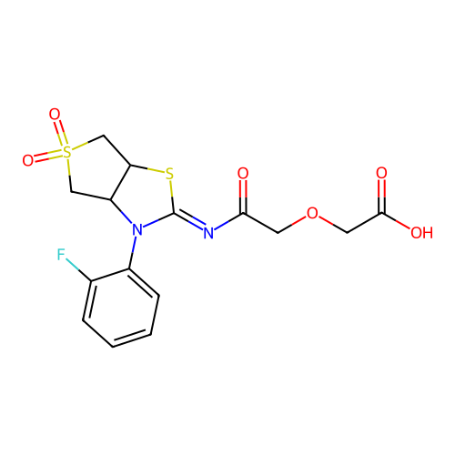 (2-{[(2Z)-3-(2-fluorophenyl)-5,5-dioxidotetrahydrothieno[3,4-d][1,3]thiazol-2(3H)-ylidene]amino}-2-oxoethoxy)acetic acid structure