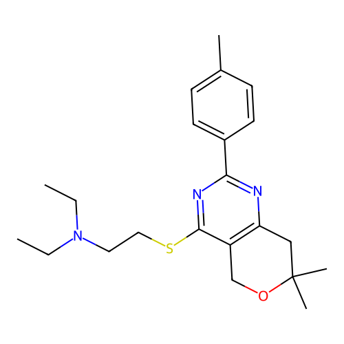 2-{[7,7-dimethyl-2-(4-methylphenyl)-7,8-dihydro-5H-pyrano[4,3-d]pyrimidin-4-yl]sulfanyl}-N,N-diethylethanamine structure