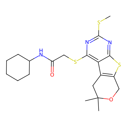 N-cyclohexyl-2-((6,6-dimethyl-2-(methylthio)-6,8-dihydro-5H-pyrano[4',3':4,5]thieno[2,3-d]pyrimidin-4-yl)thio)acetamide structure
