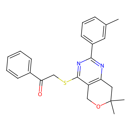 2-((7,7-dimethyl-2-(m-tolyl)-7,8-dihydro-5H-pyrano[4,3-d]pyrimidin-4-yl)thio)-1-phenylethanone structure