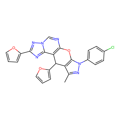 8-(4-chlorophenyl)-2,11-di(furan-2-yl)-10-methyl-8,11-dihydropyrazolo[4',3':5,6]pyrano[3,2-e][1,2,4]triazolo[1,5-c]pyrimidine structure