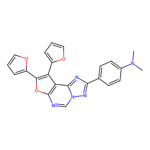 4-(8,9-di(furan-2-yl)furo[3,2-e][1,2,4]triazolo[1,5-c]pyrimidin-2-yl)-N,N-dimethylaniline structure