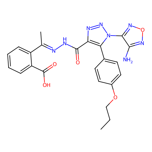 (E)-2-(1-(2-(1-(4-amino-1,2,5-oxadiazol-3-yl)-5-(4-propoxyphenyl)-1H-1,2,3-triazole-4-carbonyl)hydrazono)ethyl)benzoic acid structure