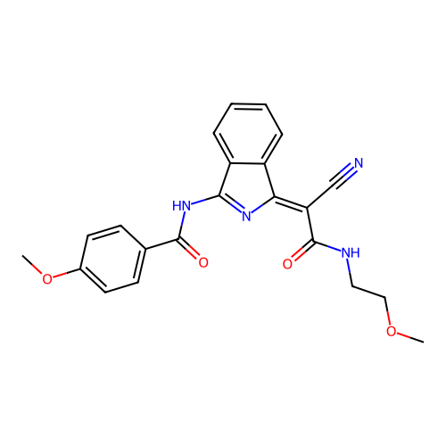 (Z)-N-(1-(1-cyano-2-((2-methoxyethyl)amino)-2-oxoethylidene)-1H-isoindol-3-yl)-4-methoxybenzamide structure