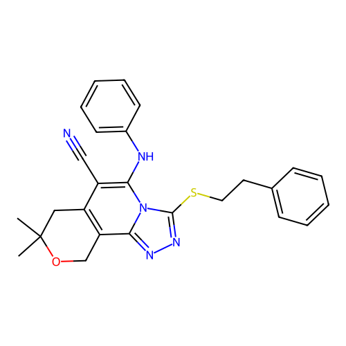 5-anilino-8,8-dimethyl-3-[(2-phenylethyl)thio]-7,10-dihydro-8h-pyrano[3,4-c][1,2,4]triazolo[4,3-a]pyridine-6-carbonitrile structure