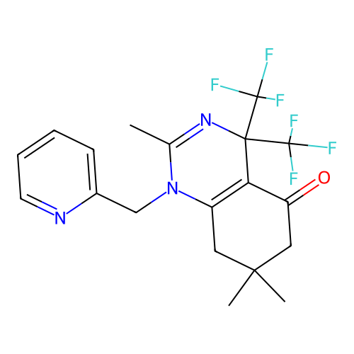 2,7,7-trimethyl-1-(pyridin-2-ylmethyl)-4,4-bis(trifluoromethyl)-6,8-dihydroquinazolin-5-one structure