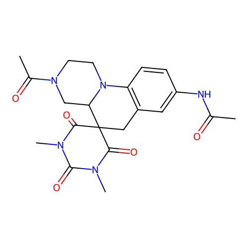 N-(3'-acetyl-1,3-dimethyl-2,4,6-trioxospiro[1,3-diazinane-5,5'-2,4,4a,6-tetrahydro-1H-pyrazino[1,2-a]quinoline]-8'-yl)acetamide structure