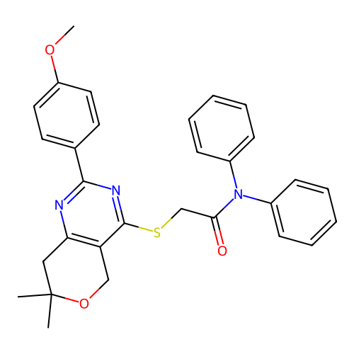 2-((2-(4-methoxyphenyl)-7,7-dimethyl-7,8-dihydro-5H-pyrano[4,3-d]pyrimidin-4-yl)thio)-N,N-diphenylacetamide structure