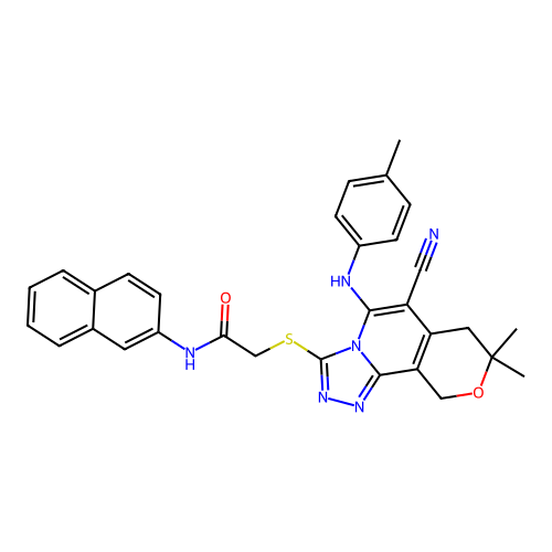 2-((6-cyano-8,8-dimethyl-5-(p-tolylamino)-8,10-dihydro-7H-pyrano[3,4-c][1,2,4]triazolo[4,3-a]pyridin-3-yl)thio)-N-(naphthalen-2-yl)acetamide structure
