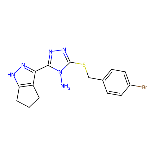 3-((4-bromobenzyl)thio)-5-(1,4,5,6-tetrahydrocyclopenta[c]pyrazol-3-yl)-4H-1,2,4-triazol-4-amine structure