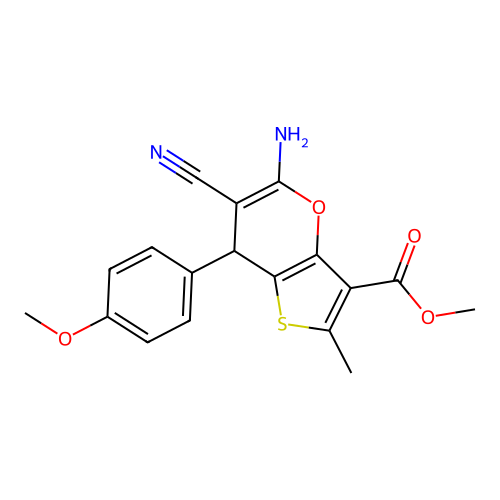 methyl 5-amino-6-cyano-7-(4-methoxyphenyl)-2-methyl-7H-thieno[3,2-b]pyran-3-carboxylate structure