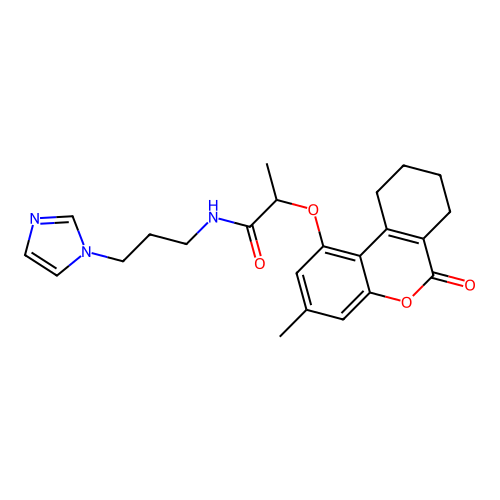 N-(3-(1H-imidazol-1-yl)propyl)-2-((3-methyl-6-oxo-7,8,9,10-tetrahydro-6H-benzo[c]chromen-1-yl)oxy)propanamide structure