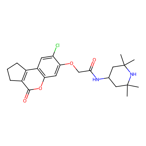 2-((8-chloro-4-oxo-1,2,3,4-tetrahydrocyclopenta[c]chromen-7-yl)oxy)-N-(2,2,6,6-tetramethylpiperidin-4-yl)acetamide structure